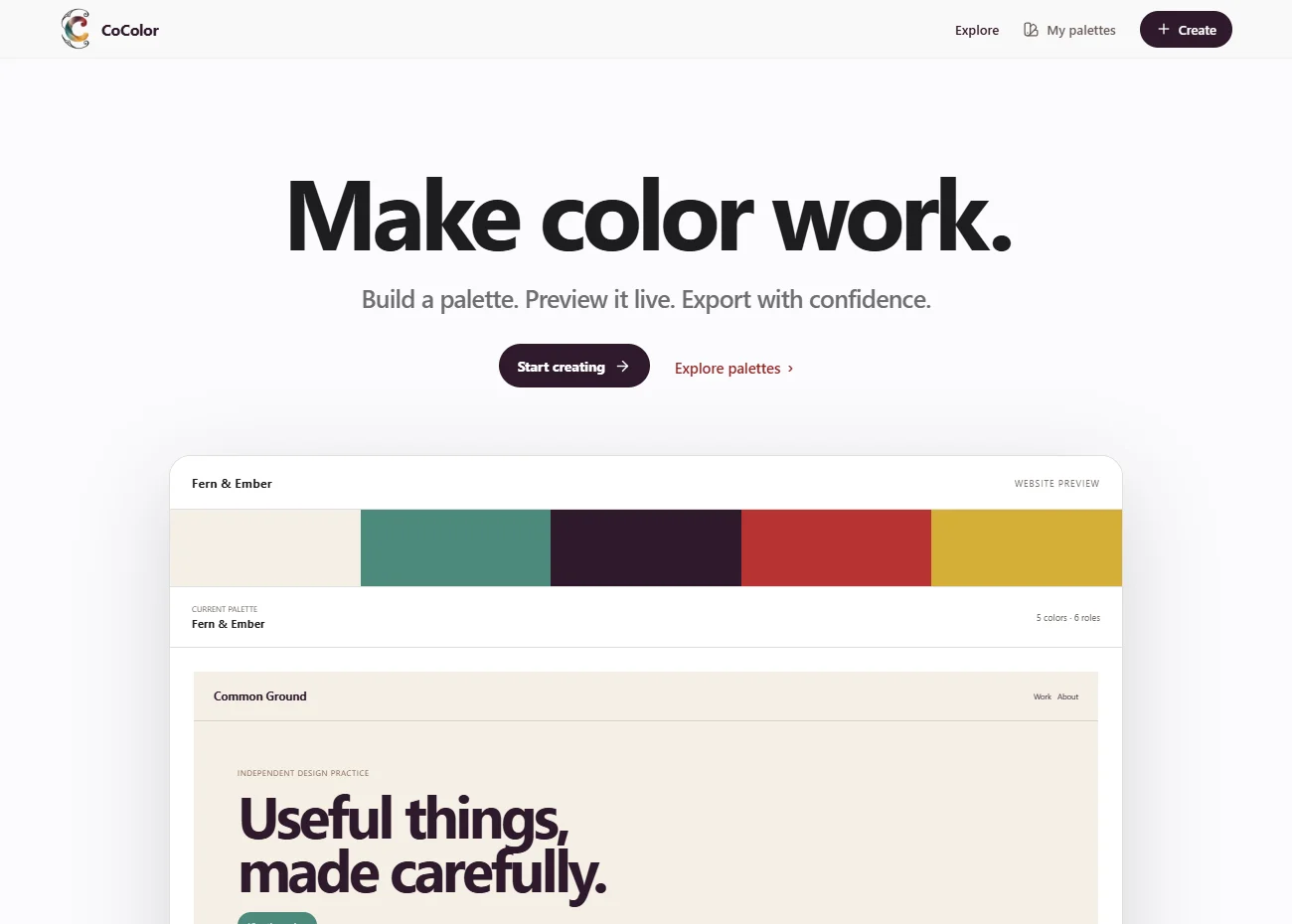 CoColor palette builder showing colors in a live website preview