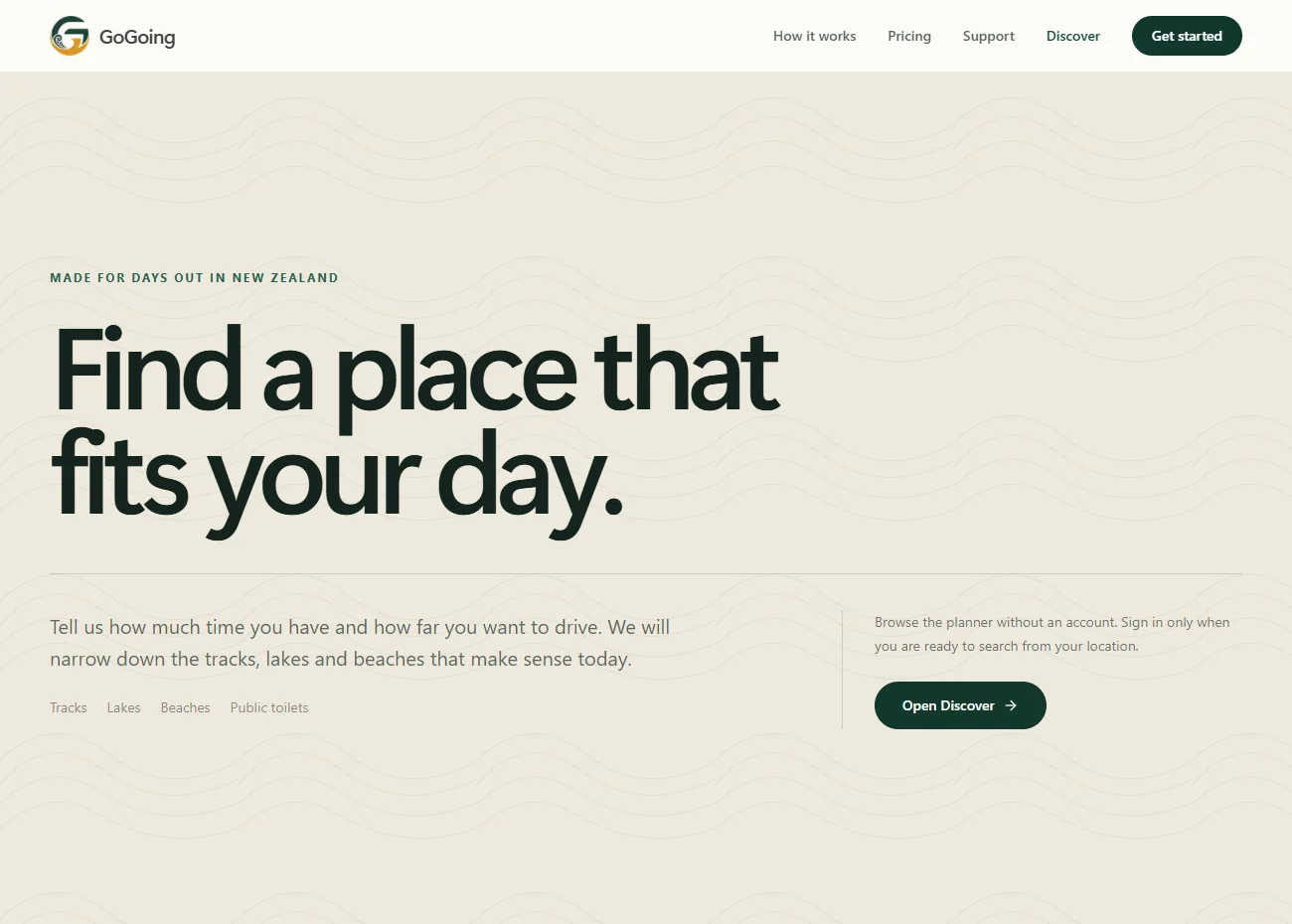 GoGoing website with options to discover New Zealand tracks, lakes and beaches