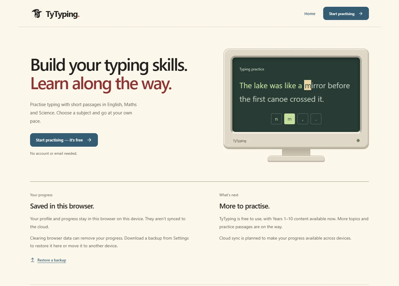 TyTyping website for typing practice with English, maths and science